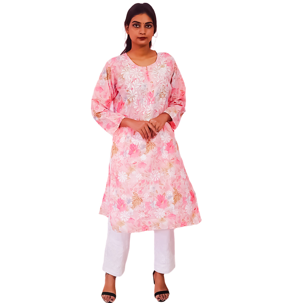 Women Printed Cotton Kurti with Embroidery Machine Work Kurta Top