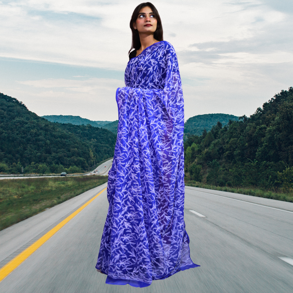 KURTIVERSE Women Chikankari Hand Embroidery Saree Blouse, Royal Blue