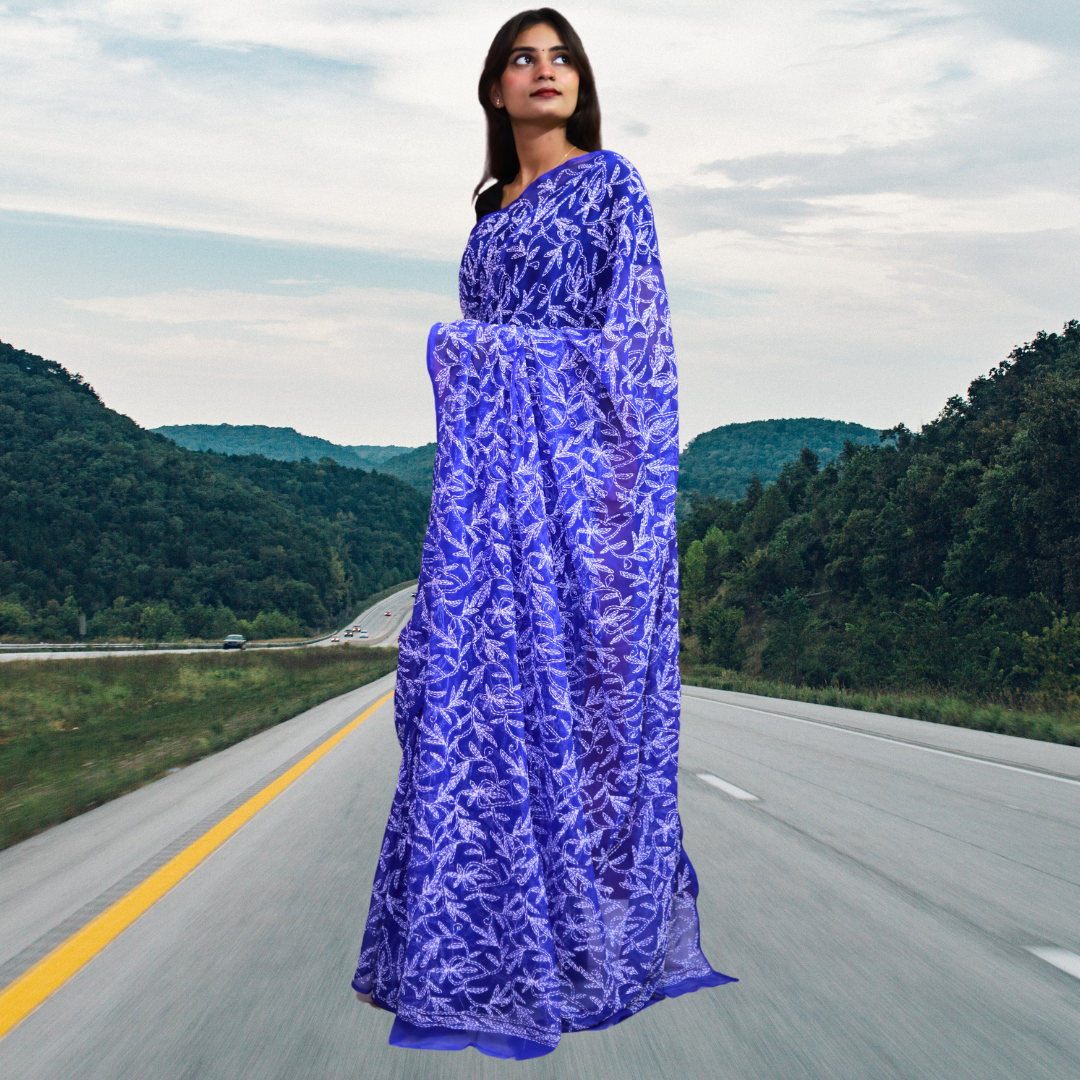 KURTIVERSE Women Chikankari Hand Embroidery Saree Blouse, Royal Blue