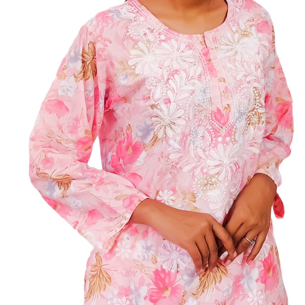 Women Printed Cotton Kurti with Embroidery Machine Work Kurta Top