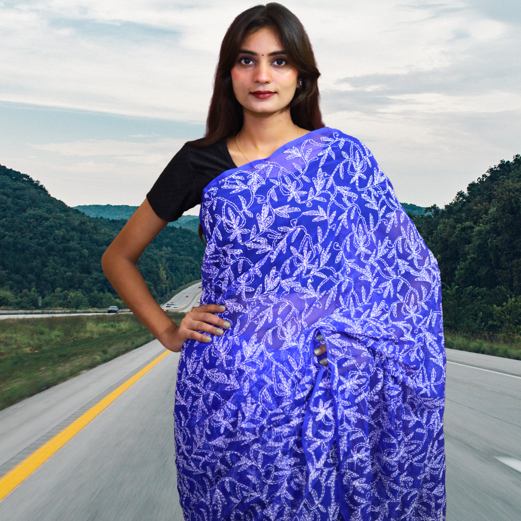 KURTIVERSE Women Chikankari Hand Embroidery Saree Blouse, Royal Blue