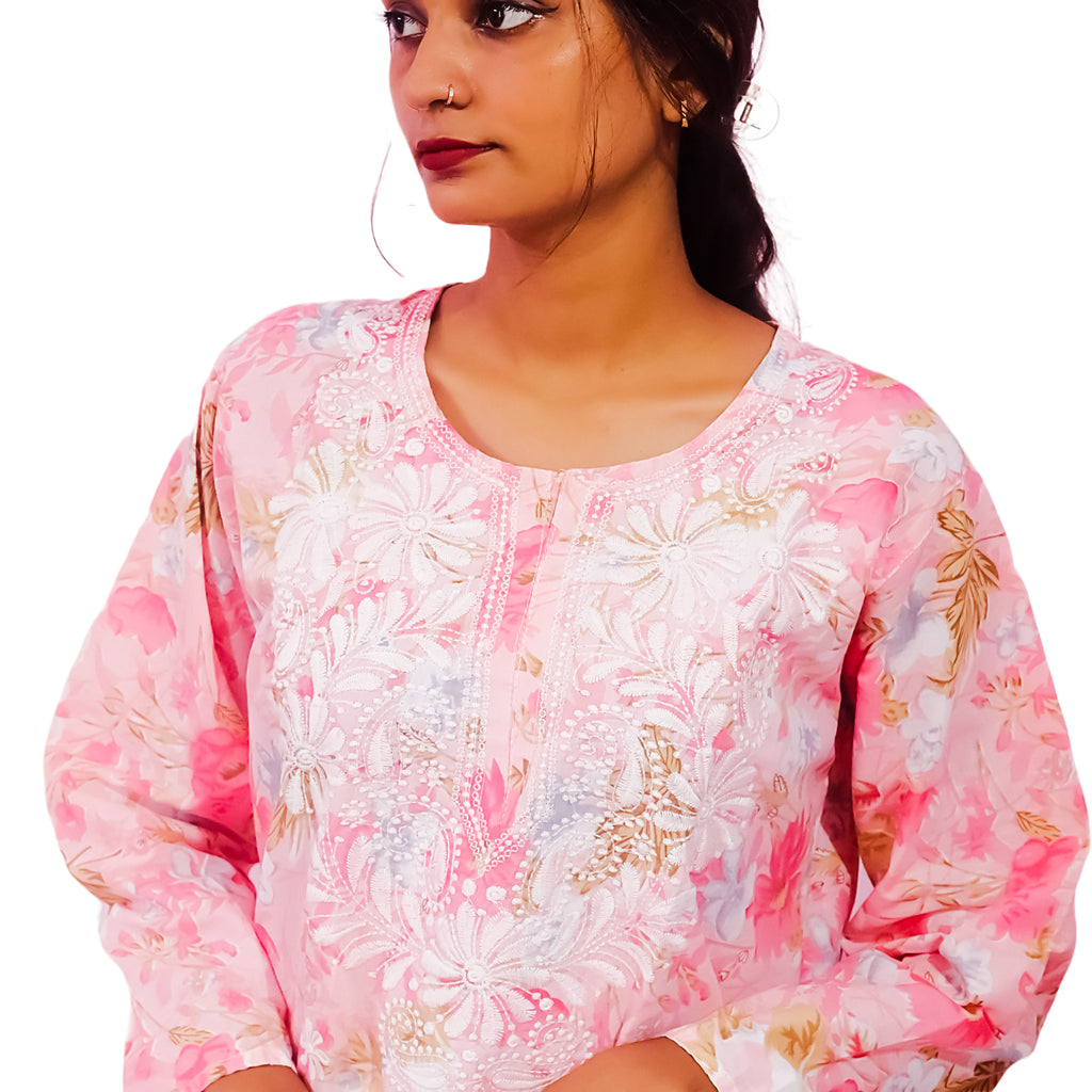 Women Printed Cotton Kurti with Embroidery Machine Work Kurta Top