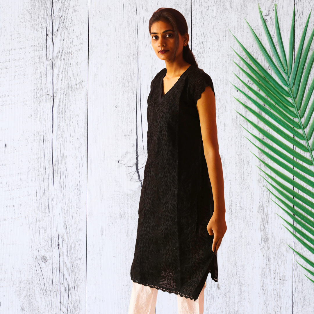 KurtiVerse Short Sleeve Cotton Chikan Embroidery Kurti for Women Black
