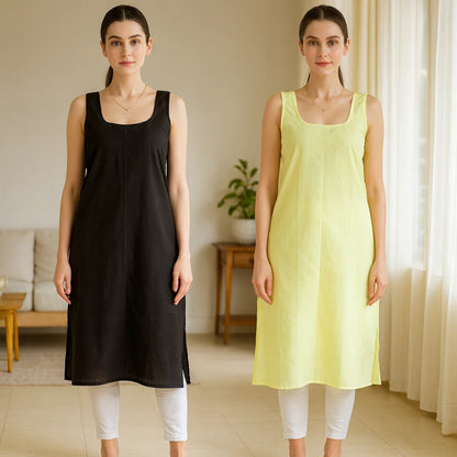 KURTIVERSE Women’s Poly Cotton Long Inner Slip Combo Pack of 2 with Side Slit | Fawn Yellow & Black