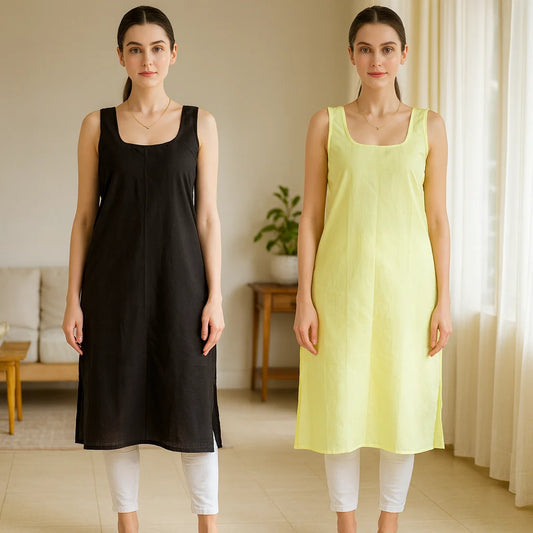 KURTIVERSE Women’s Poly Cotton Long Inner Slip Combo Pack of 2 with Side Slit | Fawn Yellow & Black