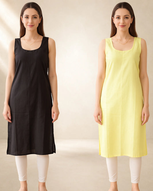 KURTIVERSE Women’s Poly Cotton Long Inner Slip Combo Pack of 2 with Side Slit | Black & Yellow