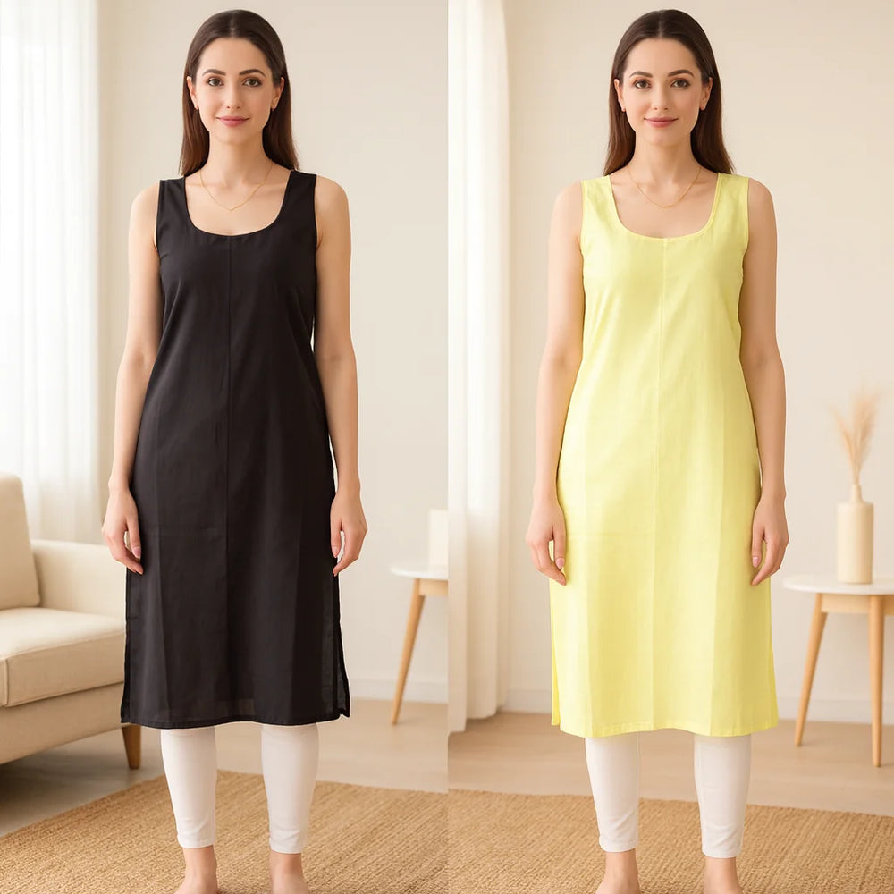 KURTIVERSE Women’s Poly Cotton Long Inner Slip Combo Pack of 2 with Side Slit | Yellow & Black