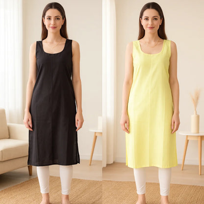 KURTIVERSE Women’s Poly Cotton Long Inner Slip Combo Pack of 2 with Side Slit | Yellow & Black