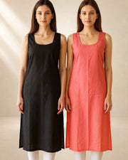 KURTIVERSE Women’s Poly Cotton Long Inner Slip Combo Pack of 2 with Side Slit | Carrot Red & Black