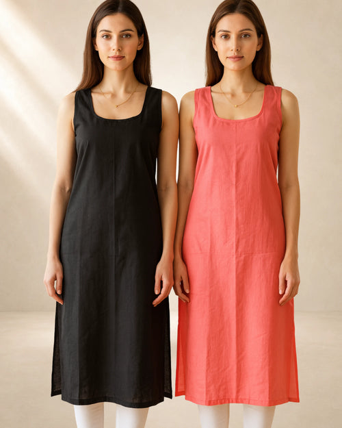 KURTIVERSE Women’s Poly Cotton Long Inner Slip Combo Pack of 2 with Side Slit | Carrot Red & Black