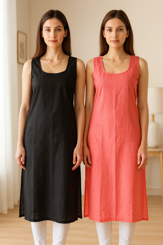 KURTIVERSE Women’s Poly Cotton Long Inner Slip Combo Pack of 2 with Side Slit | Caret Red & Black
