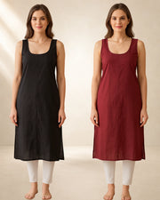 KURTIVERSE Women’s Poly Cotton Long Inner Slip Combo Pack of 2 with Side Slit | Maroon & Black