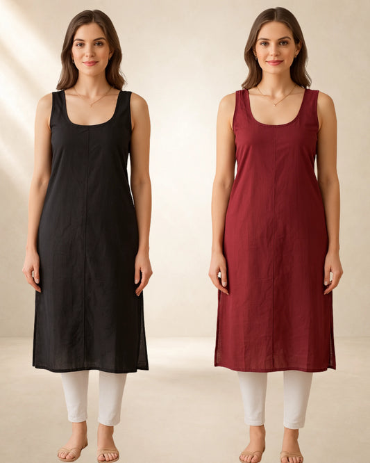 KURTIVERSE Women’s Poly Cotton Long Inner Slip Combo Pack of 2 with Side Slit | Maroon & Black