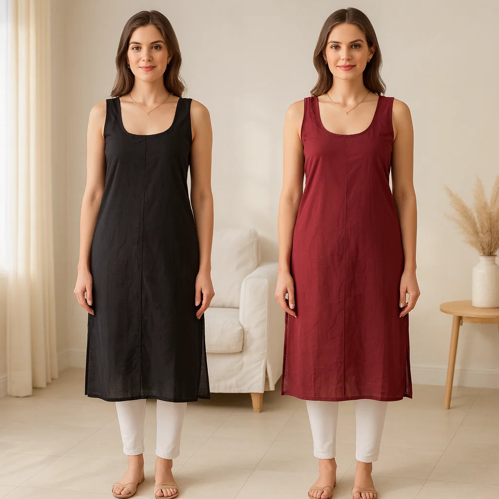 KURTIVERSE Women’s Poly Cotton Long Inner Slip Combo Pack of 2 with Side Slit | Maroon & Black