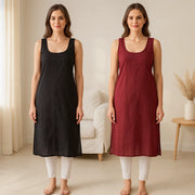 KURTIVERSE Women’s Poly Cotton Long Inner Slip Combo Pack of 2 with Side Slit | Maroon & Black