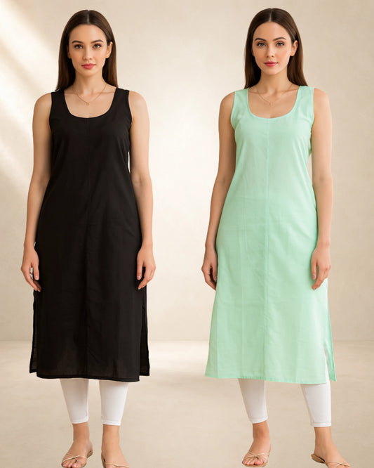 KURTIVERSE Women’s Poly Cotton Long Inner Slip Combo Pack of 2 with Side Slit | Sea Green & Black