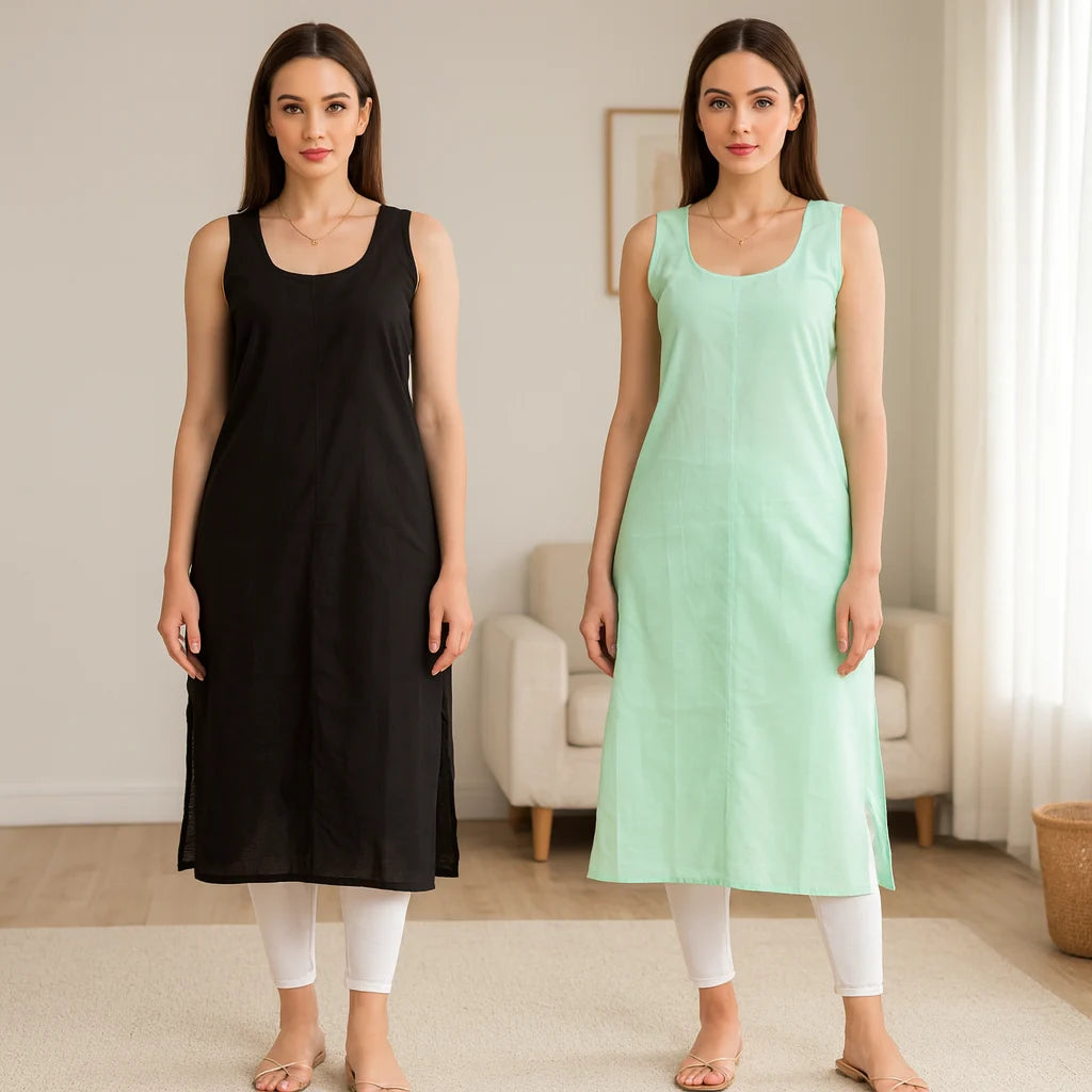 KURTIVERSE Women’s Poly Cotton Long Inner Slip Combo Pack of 2 with Side Slit | Sea Green & Black