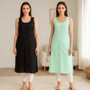 KURTIVERSE Women’s Poly Cotton Long Inner Slip Combo Pack of 2 with Side Slit | Sea Green & Black