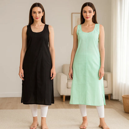 KURTIVERSE Women’s Poly Cotton Long Inner Slip Combo Pack of 2 with Side Slit | Sea Green & Black