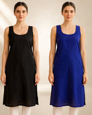 KURTIVERSE Women’s Poly Cotton Long Inner Slip Combo Pack of 2 with Side Slit | Royal Blue & Black