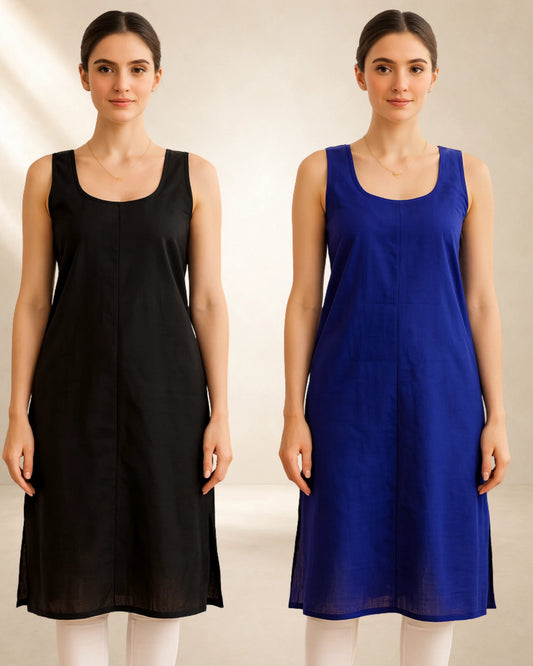 KURTIVERSE Women’s Poly Cotton Long Inner Slip Combo Pack of 2 with Side Slit | Royal Blue & Black