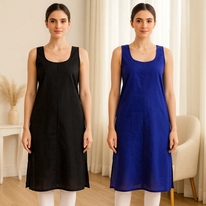 KURTIVERSE Women’s Poly Cotton Long Inner Slip Combo Pack of 2 with Side Slit | Royal Blue & Black