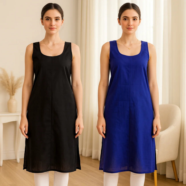 KURTIVERSE Women’s Poly Cotton Long Inner Slip Combo Pack of 2 with Side Slit | Royal Blue & Black
