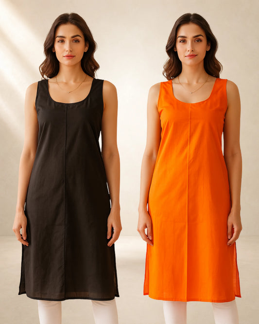 KURTIVERSE Women’s Poly Cotton Long Inner Slip Combo Pack of 2 with Side Slit | Orange & Black