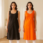 KURTIVERSE Women’s Poly Cotton Long Inner Slip Combo Pack of 2 with Side Slit | Orange & Black