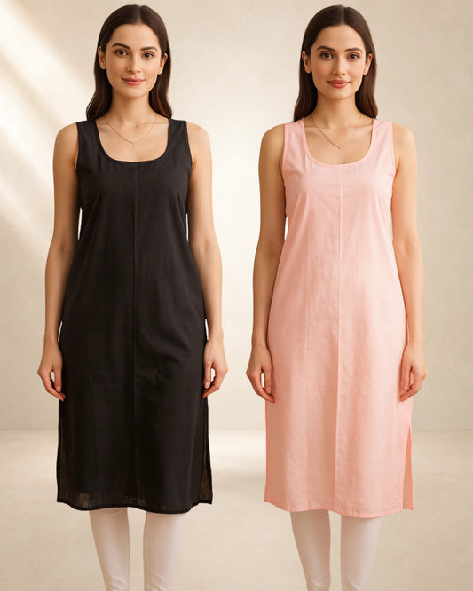 KURTIVERSE Women’s Poly Cotton Long Inner Slip Combo Pack of 2 with Side Slit | Peach & Black