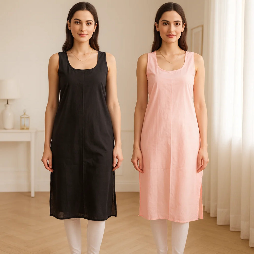 KURTIVERSE Women’s Poly Cotton Long Inner Slip Combo Pack of 2 with Side Slit | Peach & Black