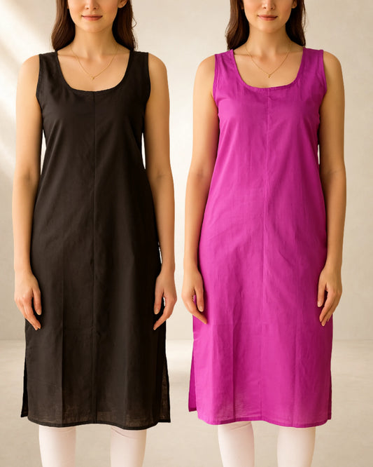 KURTIVERSE Women’s Poly Cotton Long Inner Slip Combo Pack of 2 with Side Slit | Magenta & Black