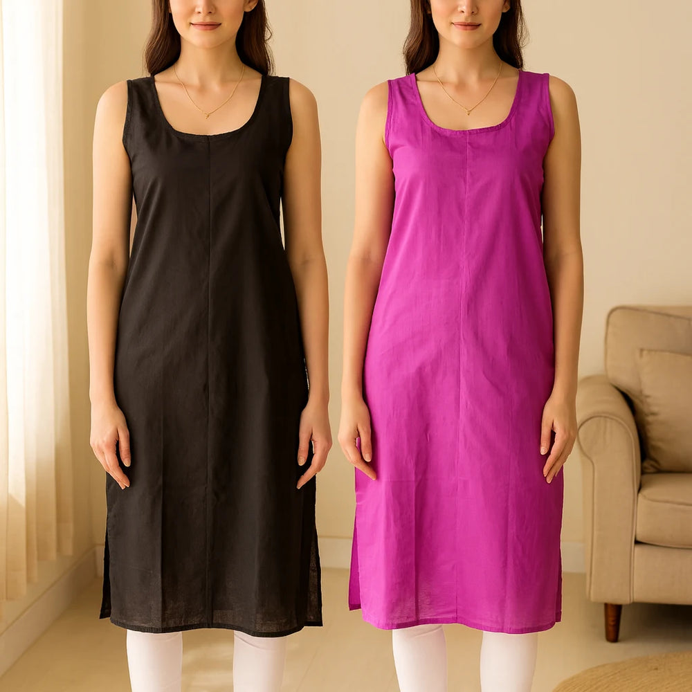 KURTIVERSE Women’s Poly Cotton Long Inner Slip Combo Pack of 2 with Side Slit | Magenta & Black