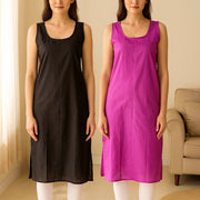 KURTIVERSE Women’s Poly Cotton Long Inner Slip Combo Pack of 2 with Side Slit | Magenta & Black