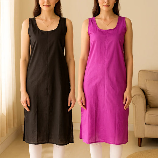 KURTIVERSE Women’s Poly Cotton Long Inner Slip Combo Pack of 2 with Side Slit | Magenta & Black