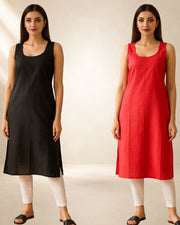 KURTIVERSE Women’s Poly Cotton Long Inner Slip Combo Pack of 2 with Side Slit | Red & Black