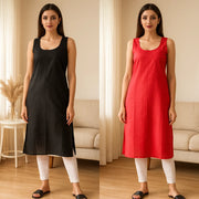 KURTIVERSE Women’s Poly Cotton Long Inner Slip Combo Pack of 2 with Side Slit | Red & Black