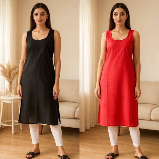 KURTIVERSE Women’s Poly Cotton Long Inner Slip Combo Pack of 2 with Side Slit | Red & Black