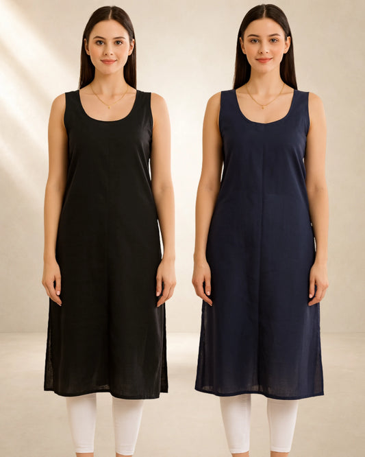 KURTIVERSE Women’s Poly Cotton Long Inner Slip Combo Pack of 2 with Side Slit | Navy Blue & Black