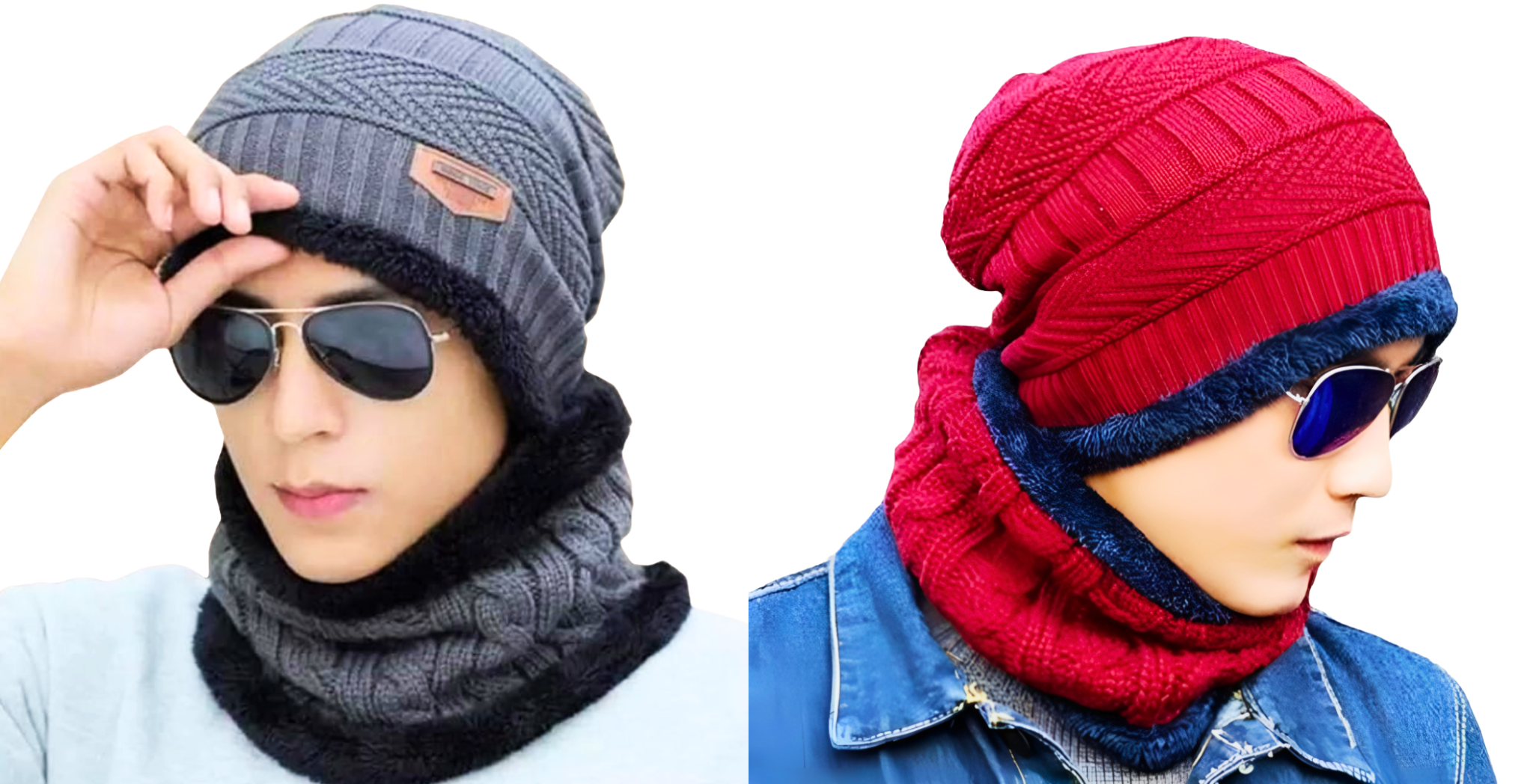 KURTIVERSE Grey & Red Woolen Cap Neck Warmer Set Combo Pack Of 2