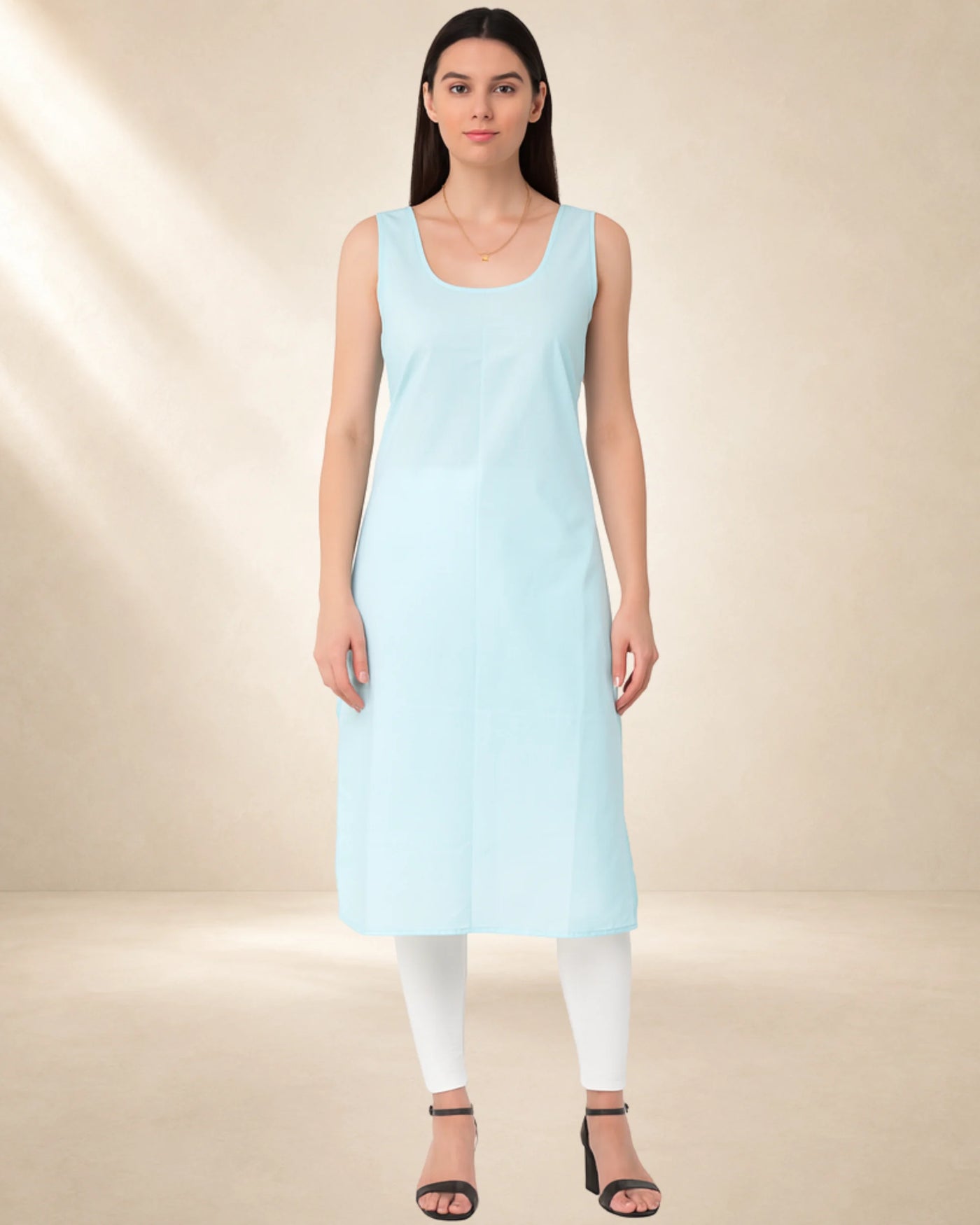 KURTIVERSE Women’s Poly Cotton Long Inner Slip Combo Pack of 2 with Side Slit | Sky Blue & Black