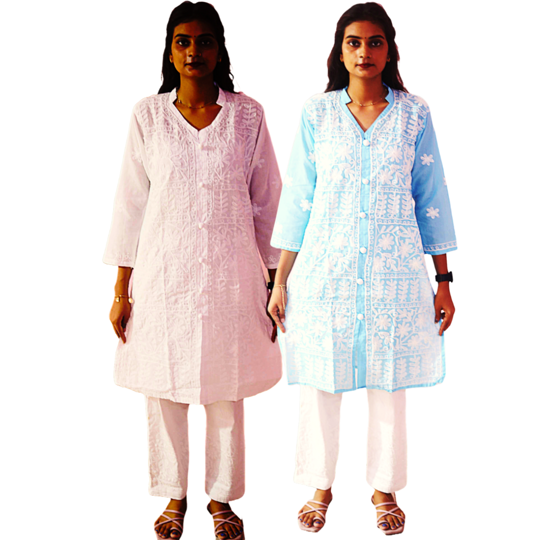 KurtiVerse White & Sky Blue Button Kurti Combo Pack Of 2