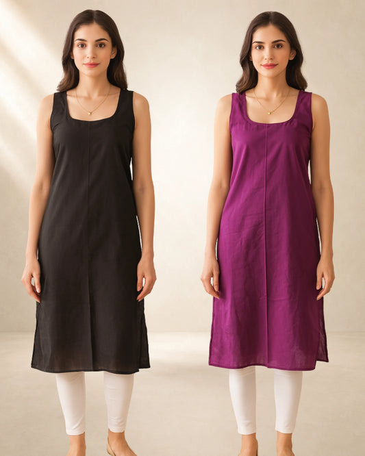 KURTIVERSE Women’s Poly Cotton Long Inner Slip Combo Pack of 2 with Side Slit | Wine & Black