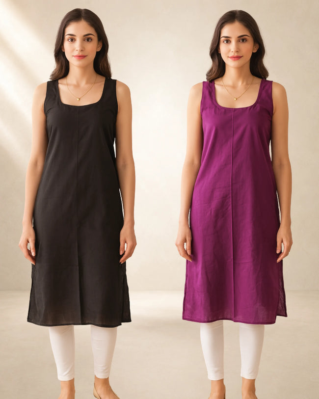 KURTIVERSE Women’s Poly Cotton Long Inner Slip Combo Pack of 2 with Side Slit | Wine & Black