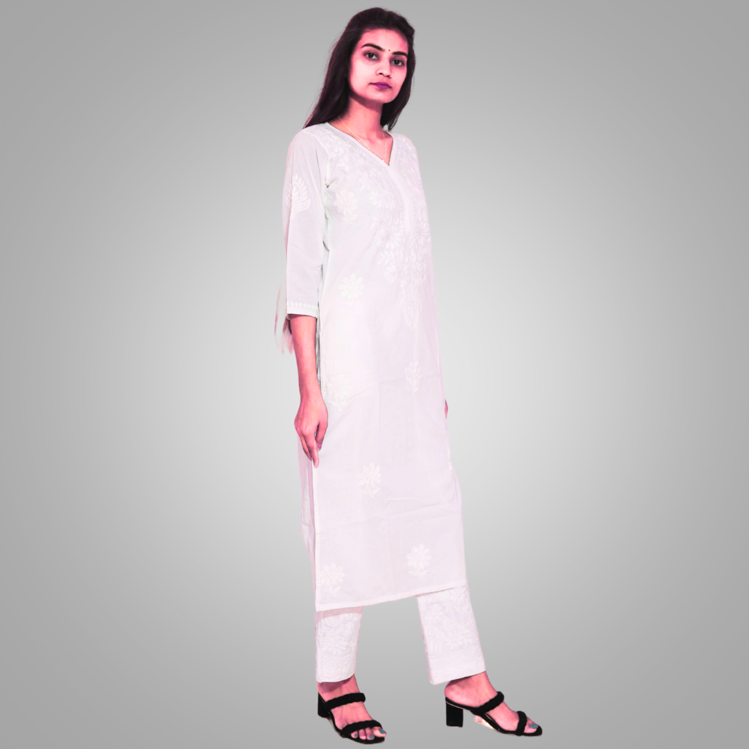 KURTIVERSE White Pure Cotton V Neck Kurti Women Chikankari Kurta