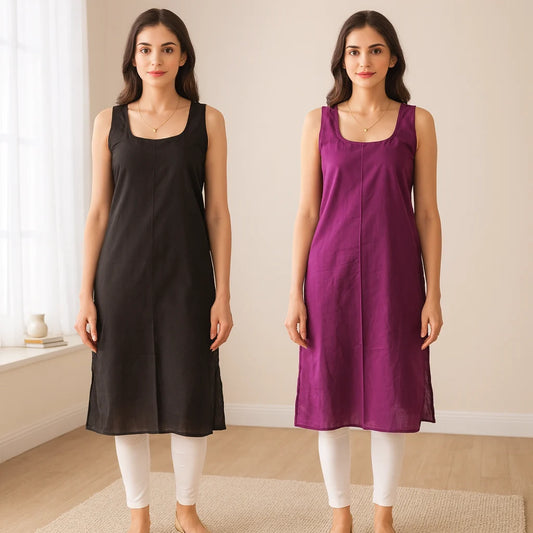 KURTIVERSE Women’s Poly Cotton Long Inner Slip Combo Pack of 2 with Side Slit | Wine & Black