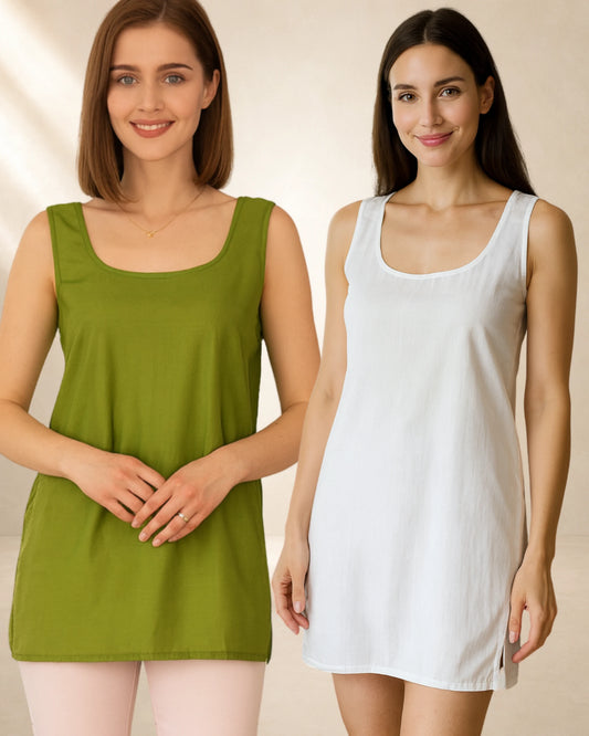 KURTIVERSE Women’s Cotton Short Inner Slip Combo Pack of 2 | Green & White