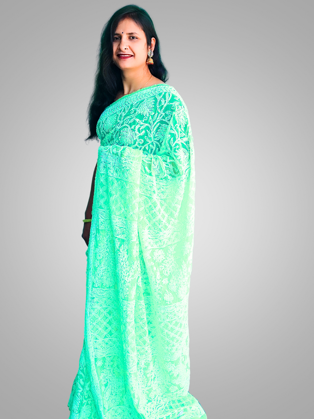 KURTIVERSE Chikan Hand Embroidered Georgette Saree with Blouse