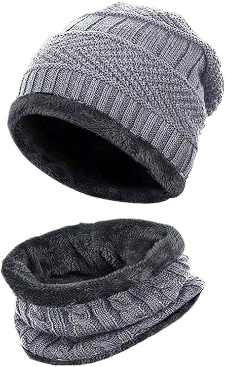 KURTIVERSE Grey & Blue Woolen Cap Neck Warmer Set Combo Pack Of 2