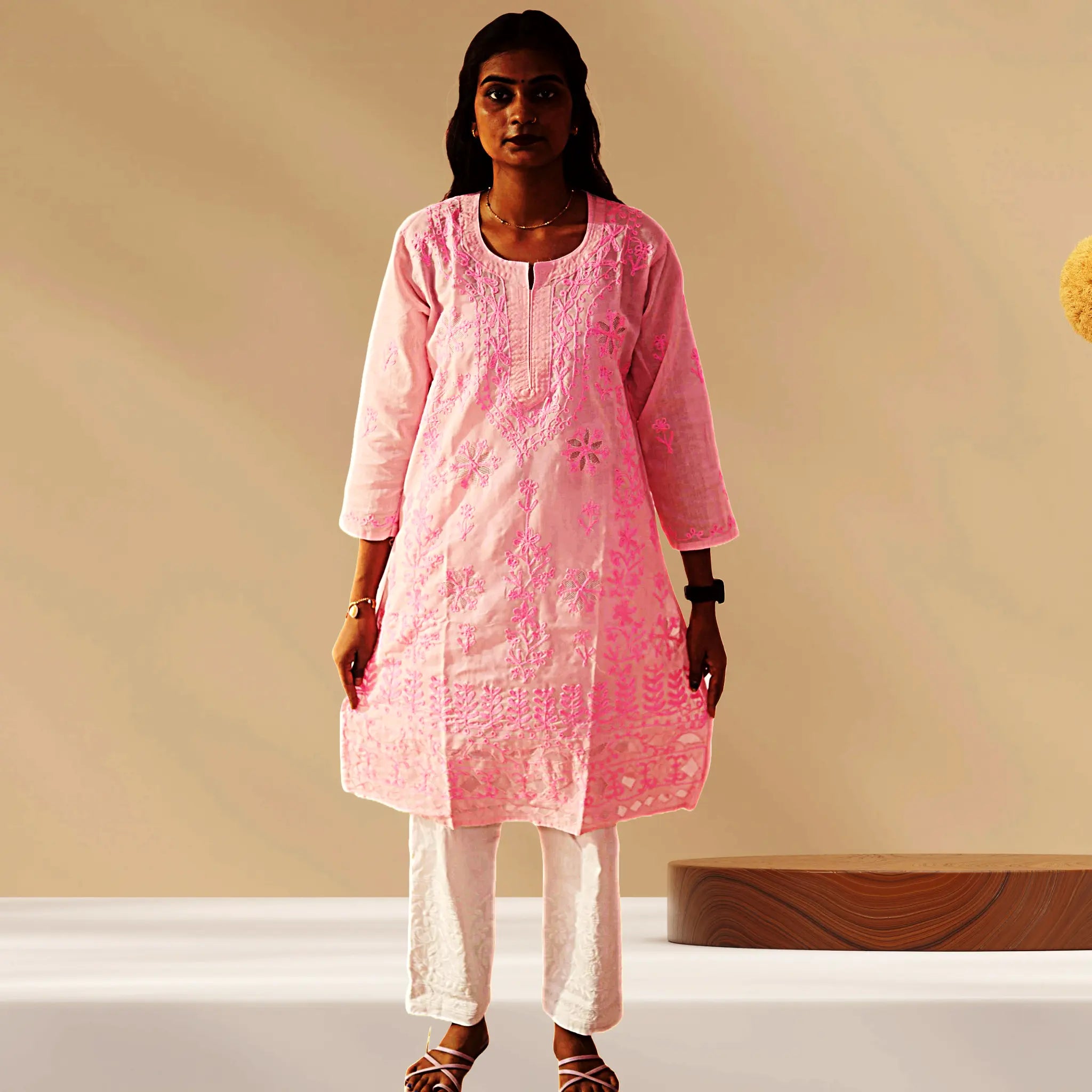 Chikan Cotton Kurti for Women with Net Embroidery Diwali Dress KurtiVerse